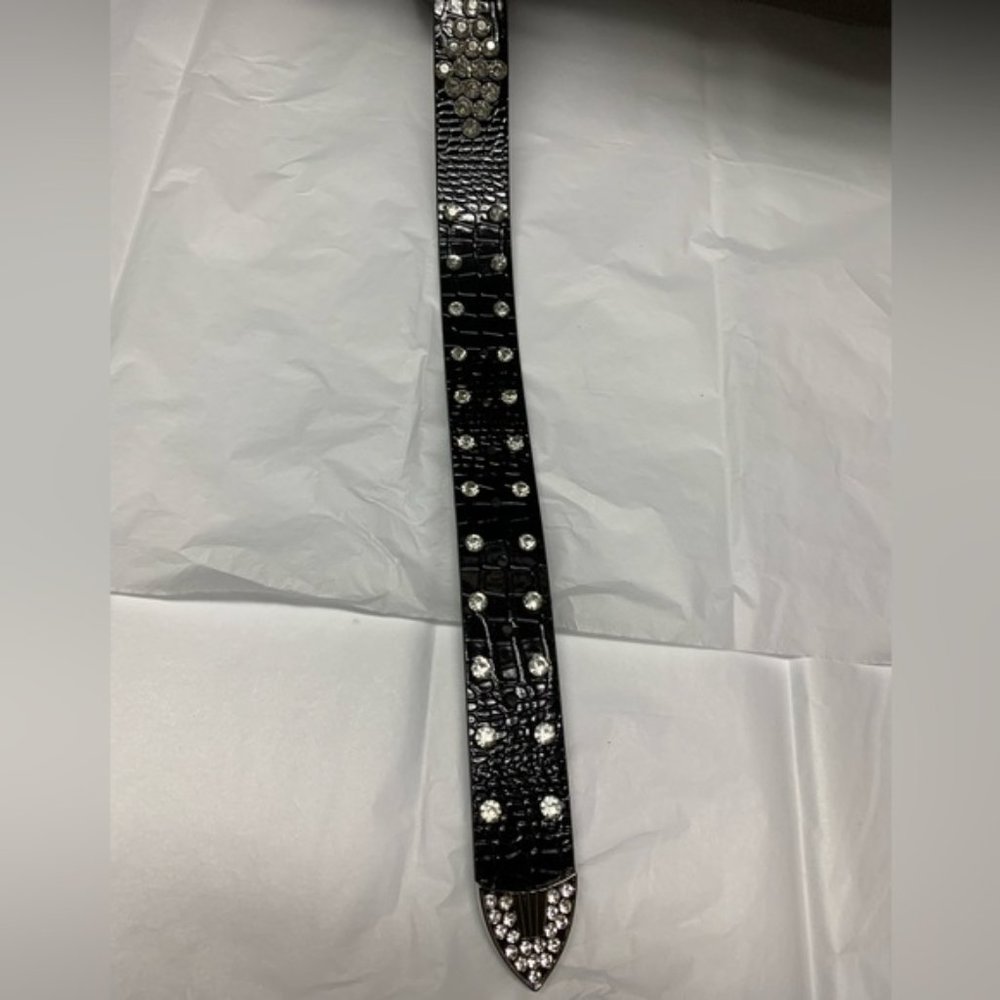 Vegan Black Crocodile Embossed Rhinestone Belt - Picture 6 of 6